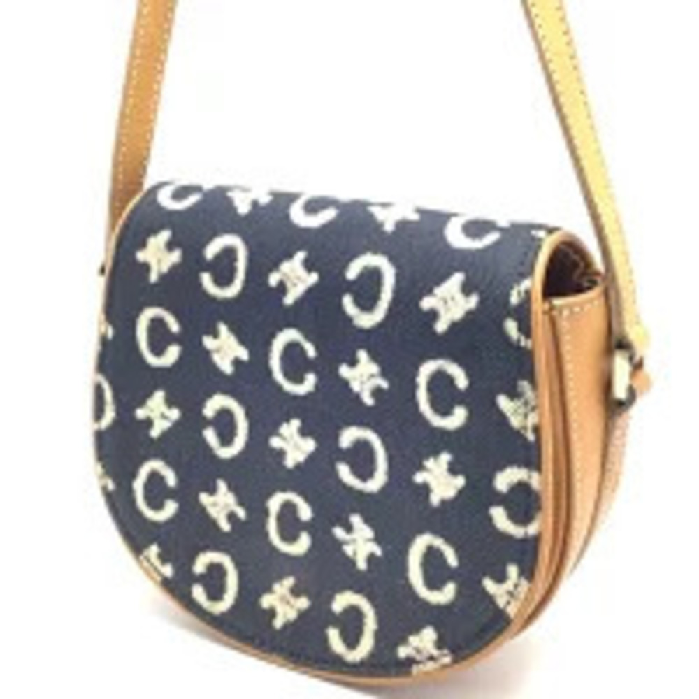 CELINE Macadam Denim Shoulder Bag Navy Blue Brown Leather - Picture 2 of 13